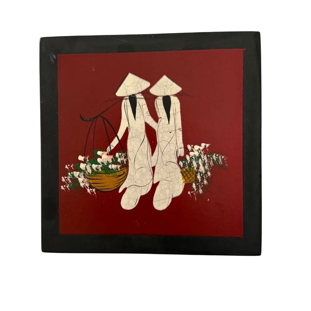 Vintage Vietnamese Lacquer Coaster Set w/ Box‎ – Hand-Painted Áo Dài Art